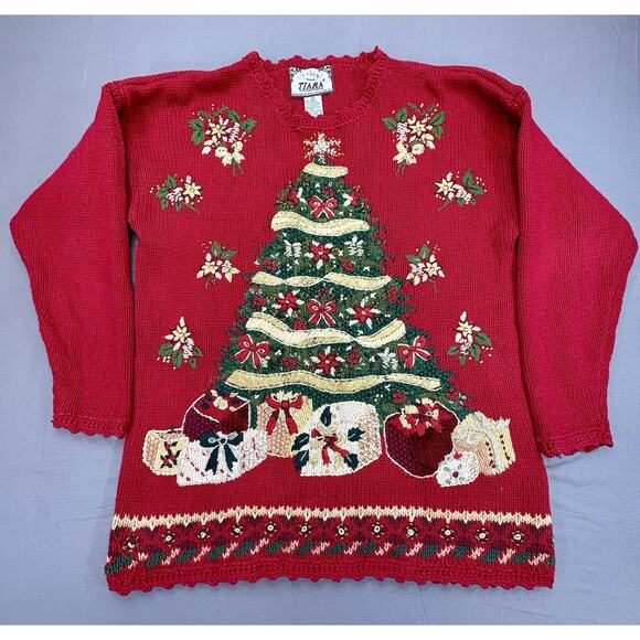 Tiara International Sweaters - Vintage Christmas Sweater Womens M Red Embroidered Tree Presents Retro Y2K Tiara